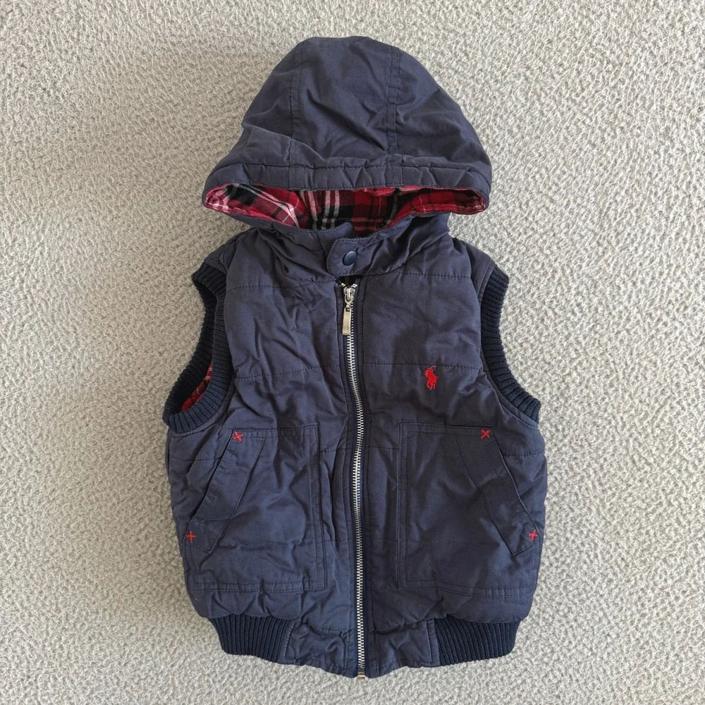 Ralph Lauren Kids Navy Blue Quilted Puffer Vest Sz 8Plaid Lined Hooded